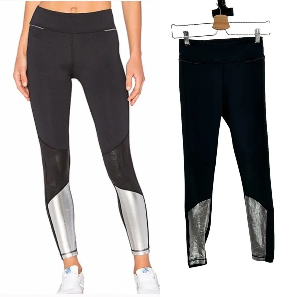 Alala Blocked Ankle Running Tights/Leggings Metallic Silver Black Size‎ XS